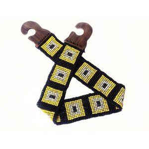 Handmade Glass Beaded Stretch Belt Wood Buckle Yellow Black Made in Indonesia